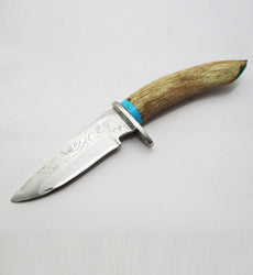 Engraved Deer Horn Handle Hunting Knife